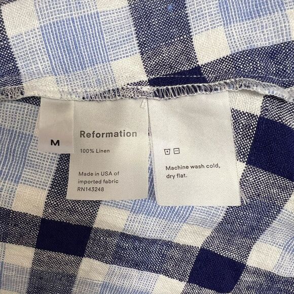 Reformation Marabella Linen Midi Dress Puff Sleeve Gingham Checkered Blue Size M - Picture 7 of 9